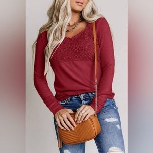 Small NEW with tags! Red V-neck long sleeve with crocheted overlay